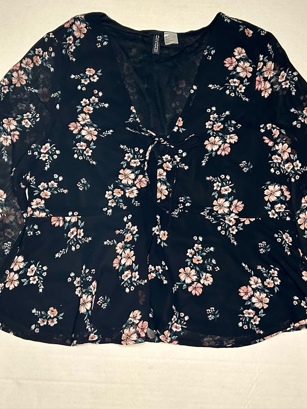Divided Black Floral Tie-Front Blouse with Pink Flowers
